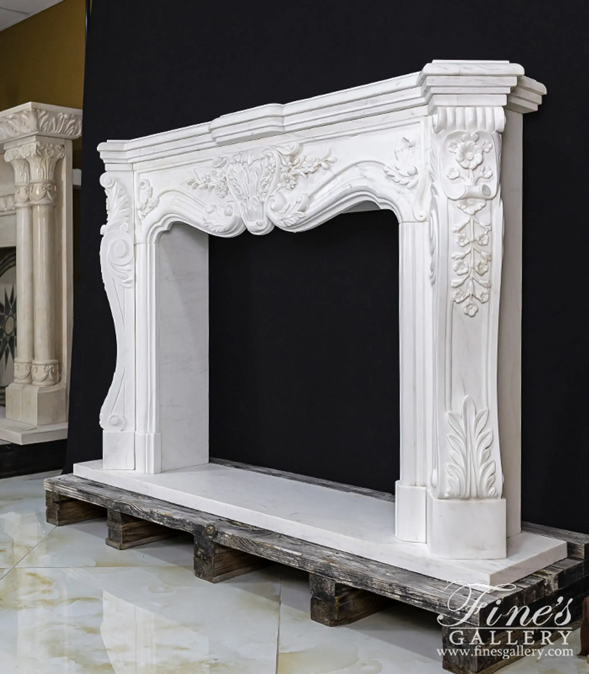 Ornate Floral Fireplace Mantel In Statuary White Marble